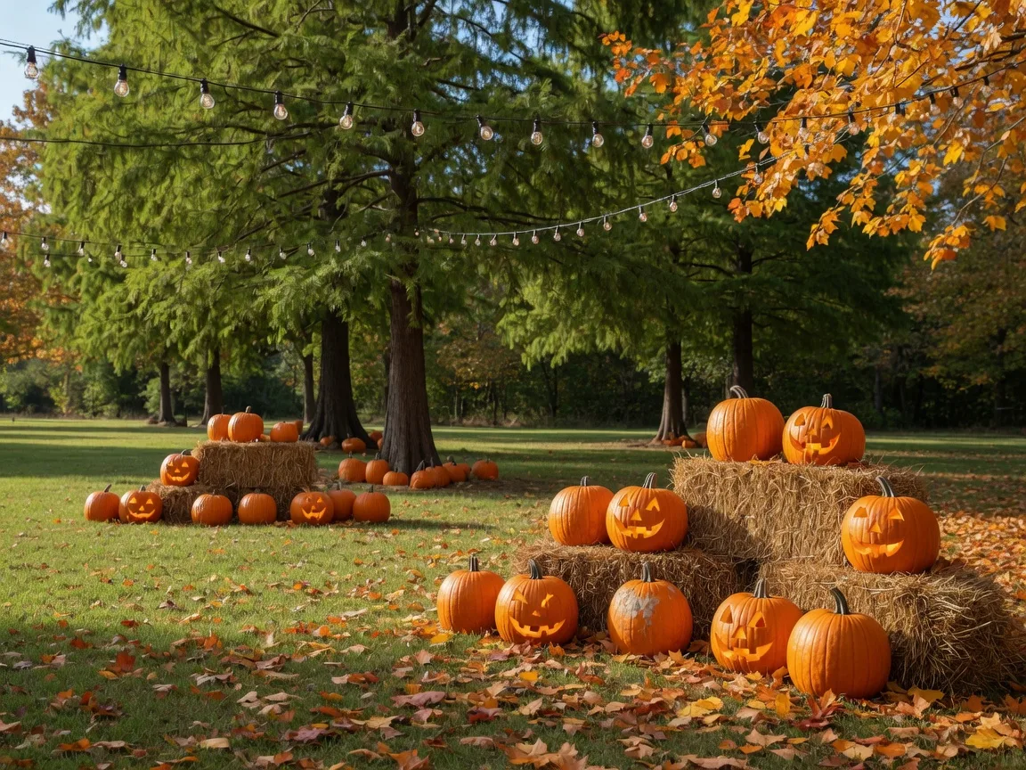 Pumpkins, hay bales and string lights at the BOO! Hole Halloween celebration in Blue Hole park