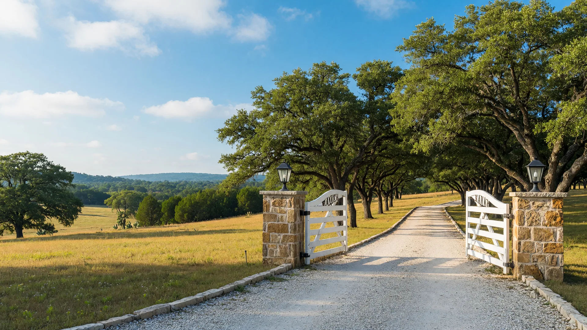 A white ranch gate entrance framed by live oaks on a Hill Country property