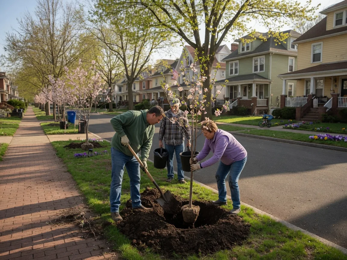 Community volunteers planting a tree sapling in a residential Bloomfield New Jersey neighborhood on a spring morning