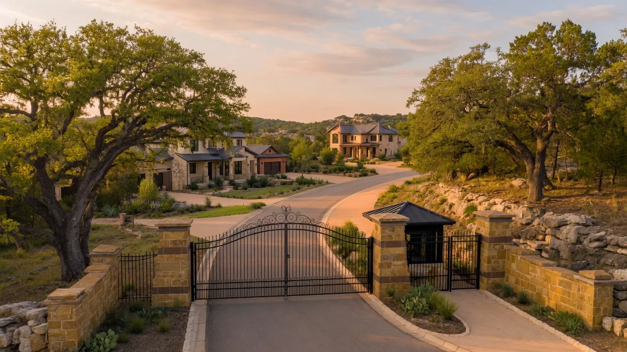 Gated entrance to Front Gate at Fair Oaks Ranch with stone pillars and wrought iron gates in the Texas Hill Country