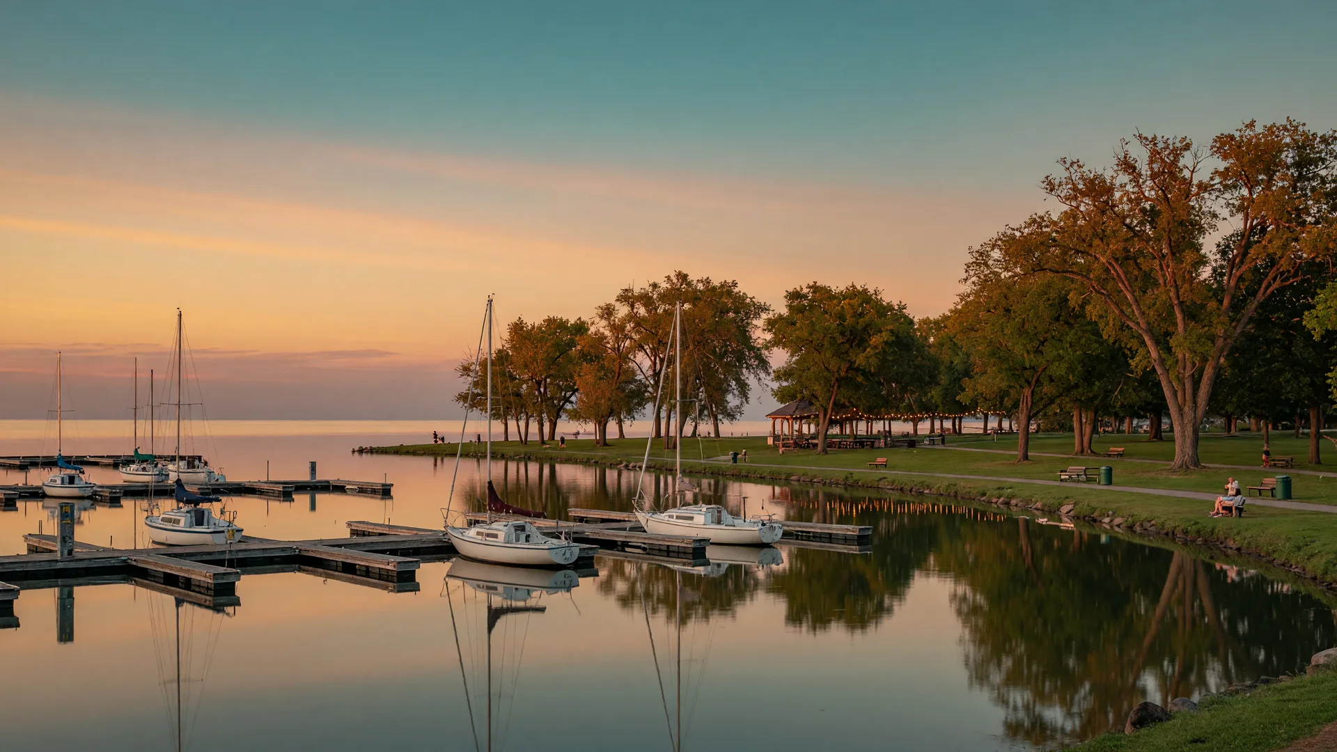 A marina and Lake Erie shore in Lorain County Ohio at golden hour