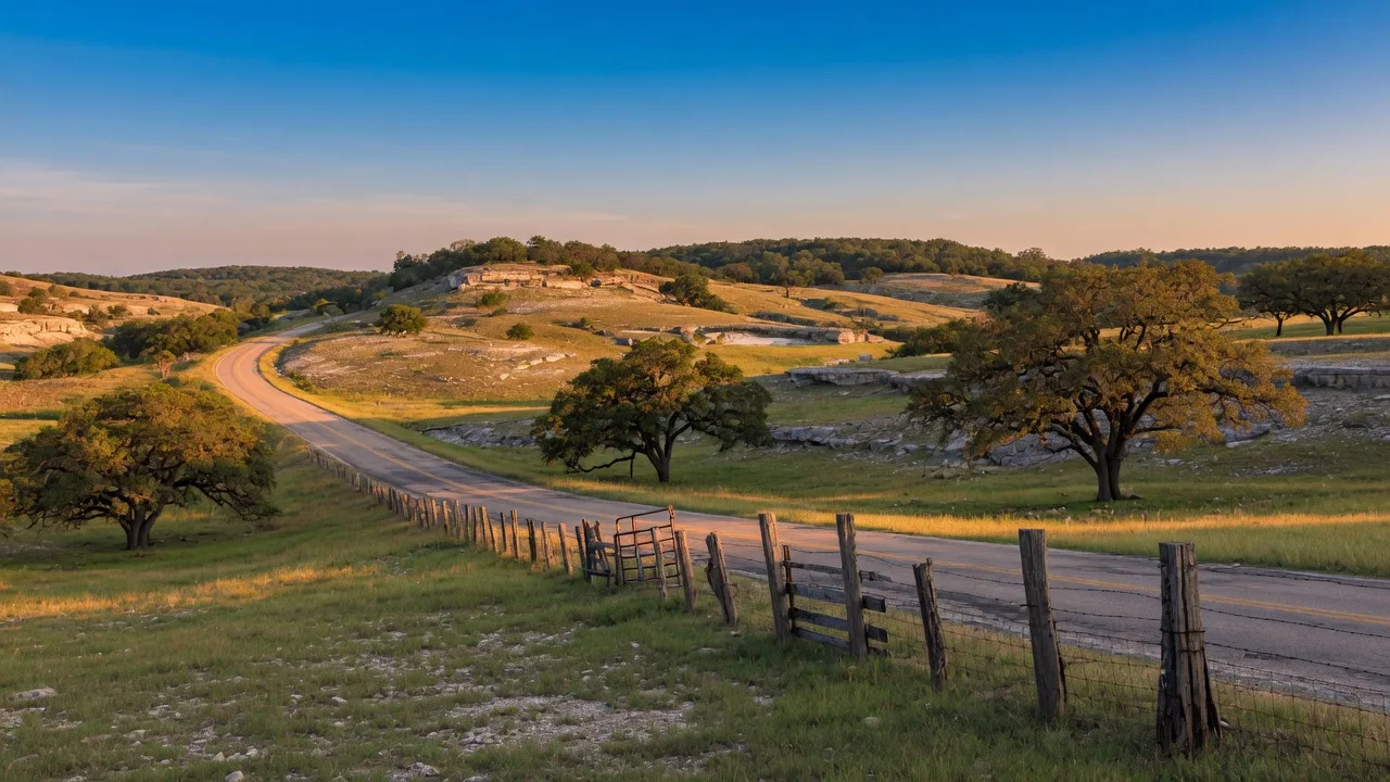 Rolling Hill Country hills with live oaks and a rustic fence line