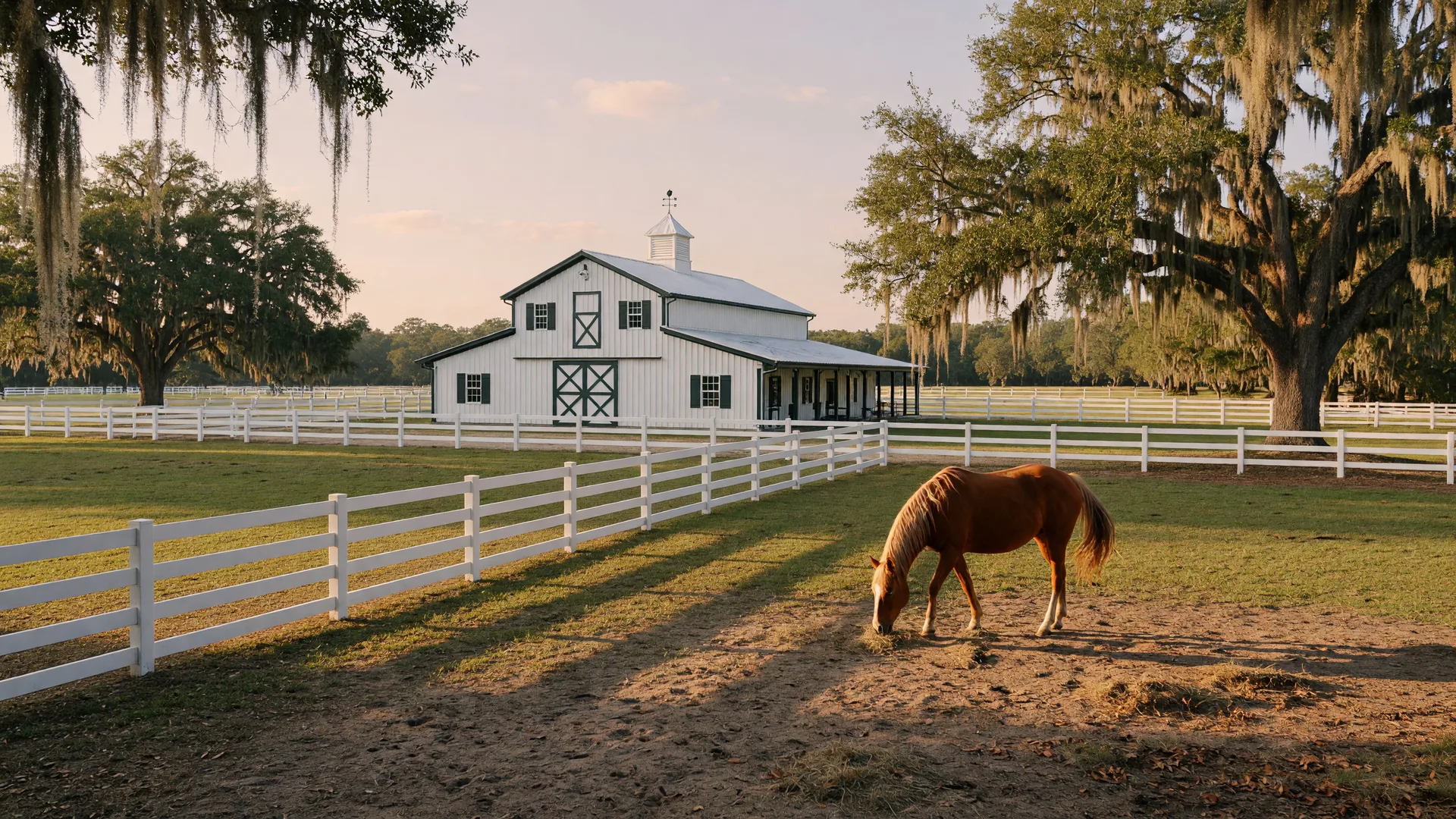 Aiken SC horse property with a white barn, post-and-rail fencing, and a horse grazing in a green paddock at golden hour