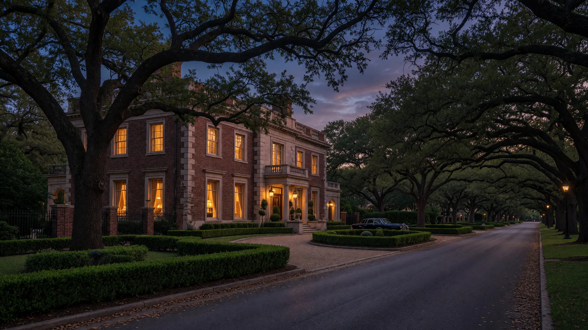 Historic estate home on a tree-lined street in Highland Park, Dallas at dusk