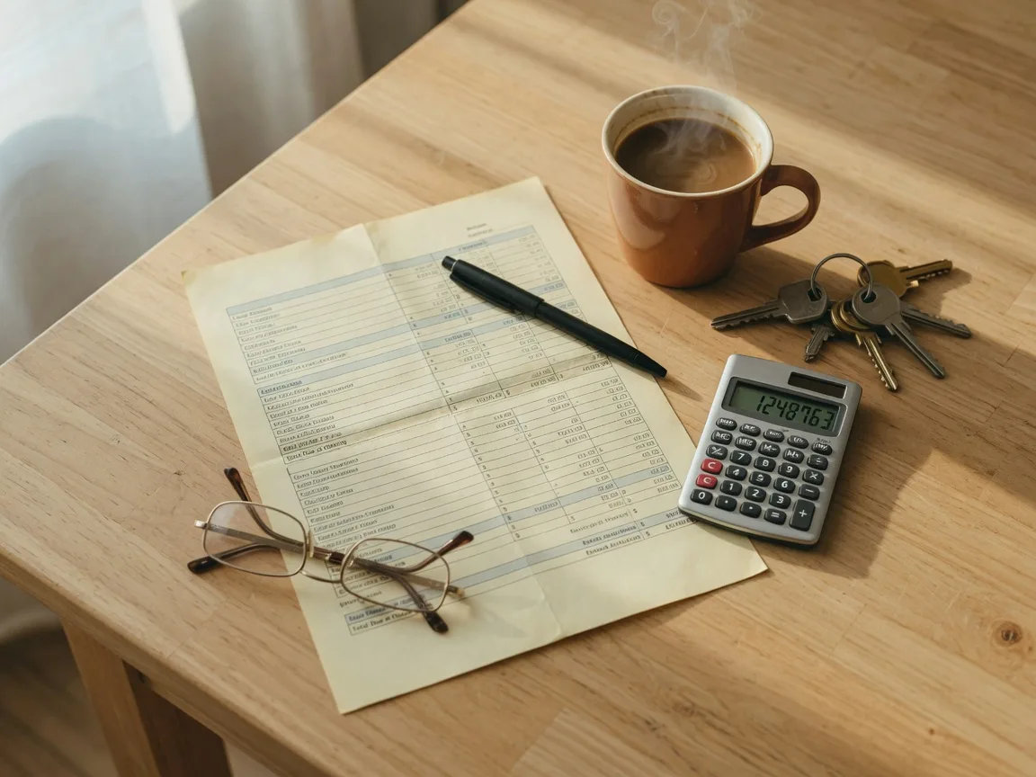 A closing-cost estimate sheet with a pen, calculator, reading glasses, coffee, and house keys on a wooden table