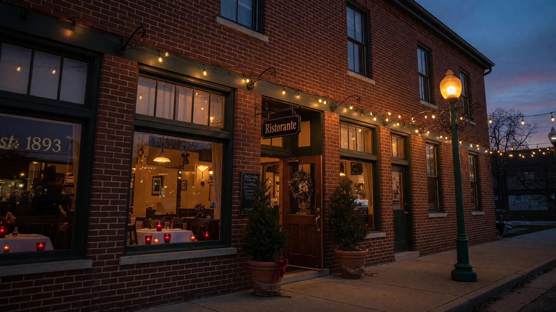Matteo's Ristorante Italiano at 40 N 9th Street on the historic courthouse square in Noblesville Indiana, a warm brick storefront glowing at dusk with candlelit windows, string lights, and a vintage lamppost