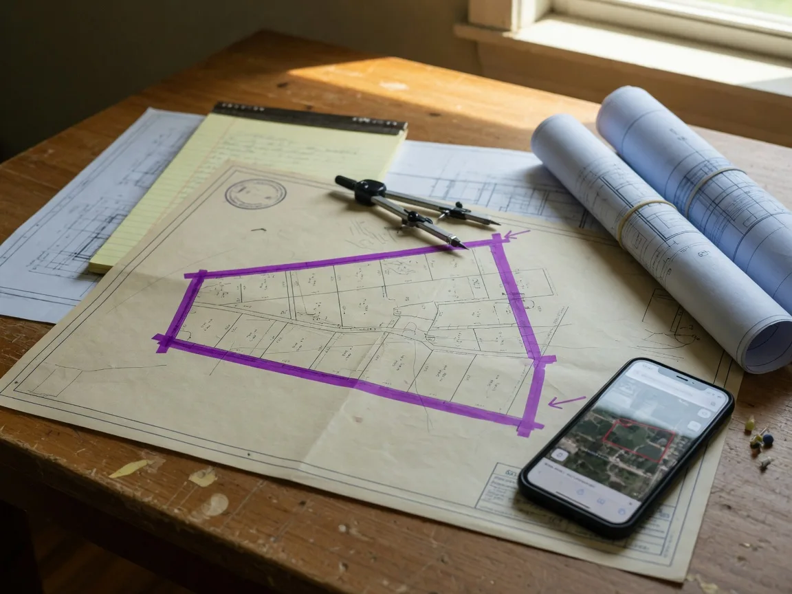 A zoning map and property survey spread on a wooden table with a purple highlighter marking a parcel boundary, rolled blueprints, and a smartphone showing a map app under natural window light