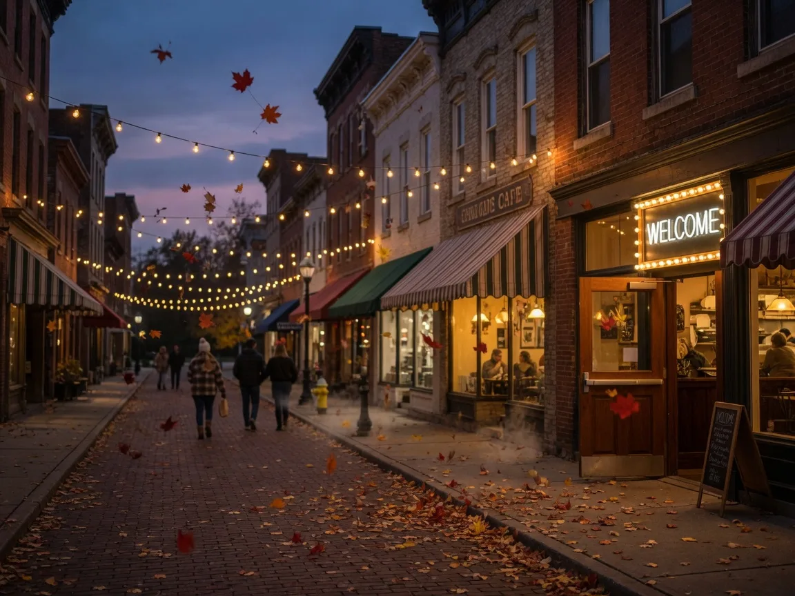 A classic small-town Ohio main street in autumn with brick storefronts, glowing cafe windows, and warm string lights on a crisp evening