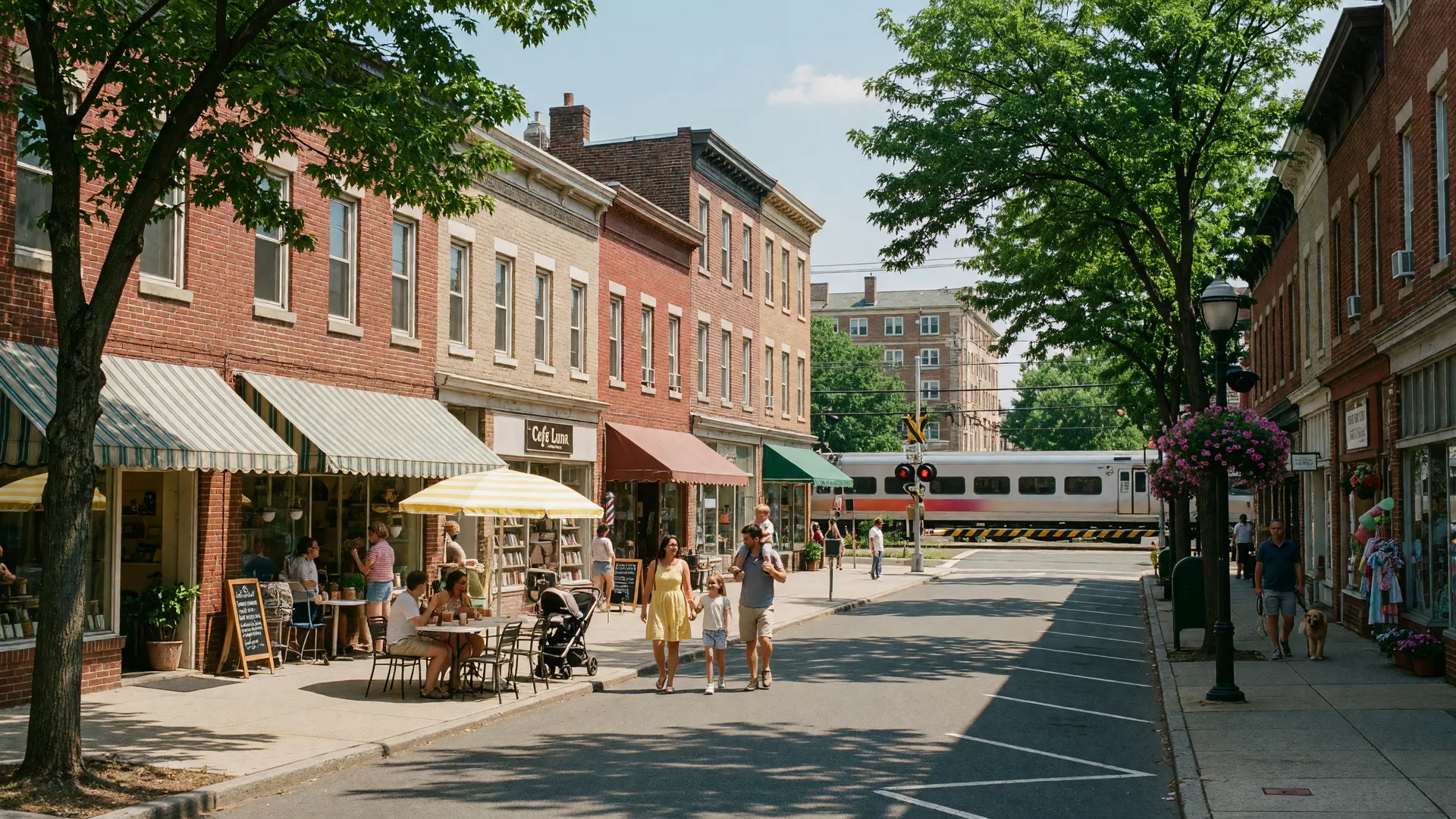 Charming downtown Rutherford New Jersey main street with brick storefronts, outdoor cafes, and tree-lined sidewalks on a sunny summer day
