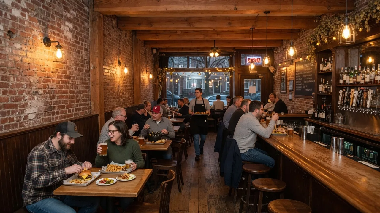 The Goat gastropub interior in East Falls with warm wood and brick