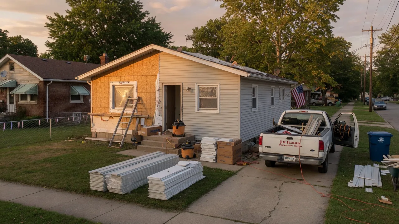 A mid-century bungalow in a Dayton Ohio neighborhood undergoing visible renovation with new siding, contractor truck, and building materials on the porch in warm late afternoon light