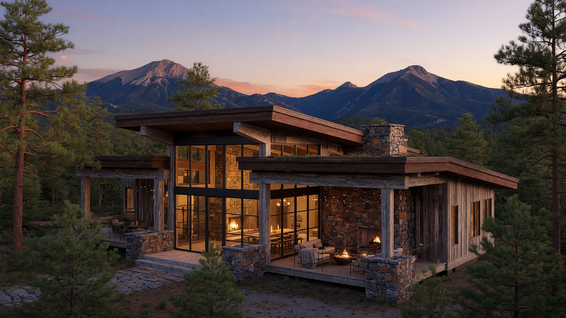 Concept rendering of a mountain contemporary home at dusk with glass walls and views of the San Francisco Peaks