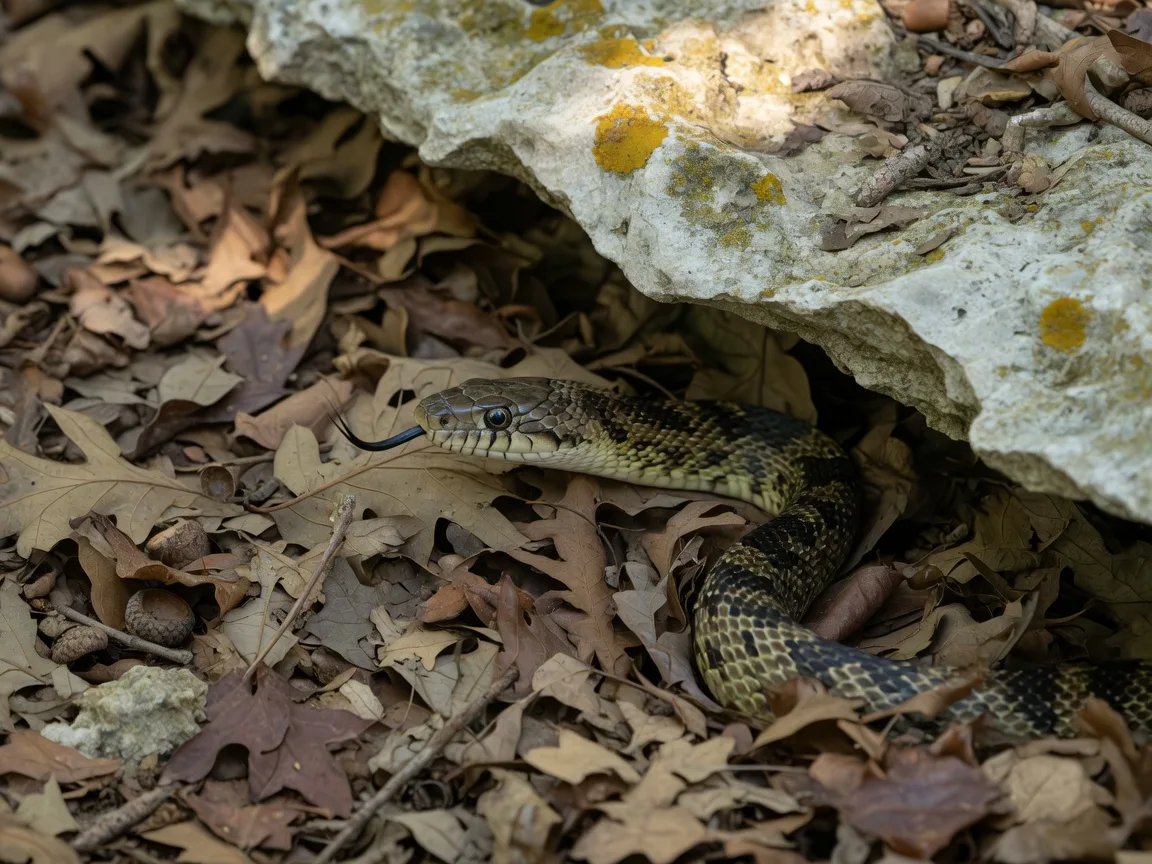 A nonvenomous Texas rat snake partially hidden among dried oak leaves and leaf litter under a limestone outcropping, head and forebody visible