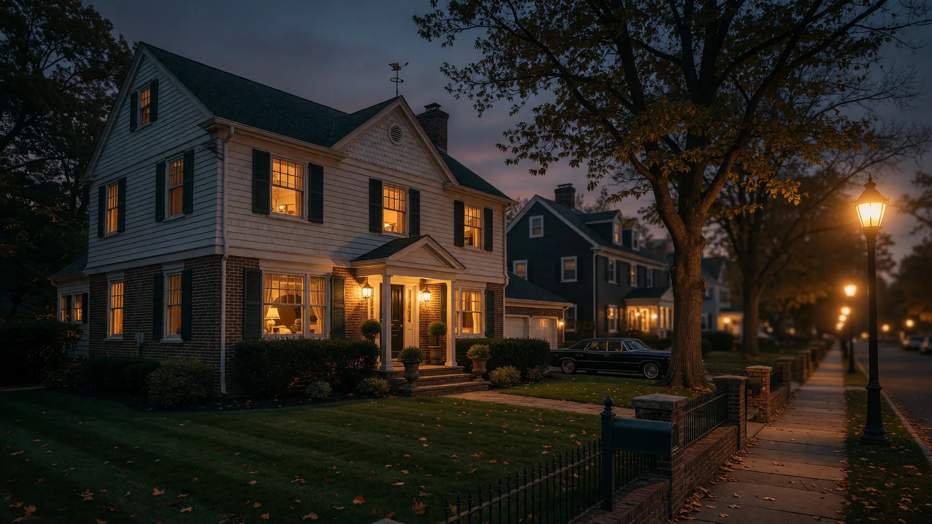 A North Jersey colonial home at dusk with warm golden window light