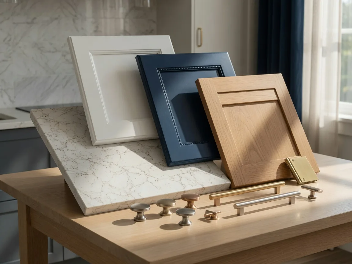 Countertop and cabinet samples with hardware displayed on a light table in a premium kitchen showroom
