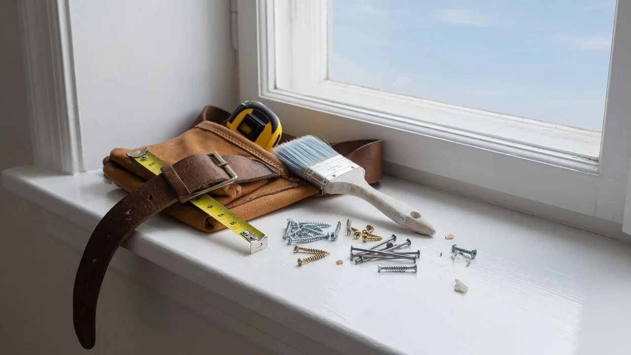 Tool belt with measuring tape and paintbrush on a window sill