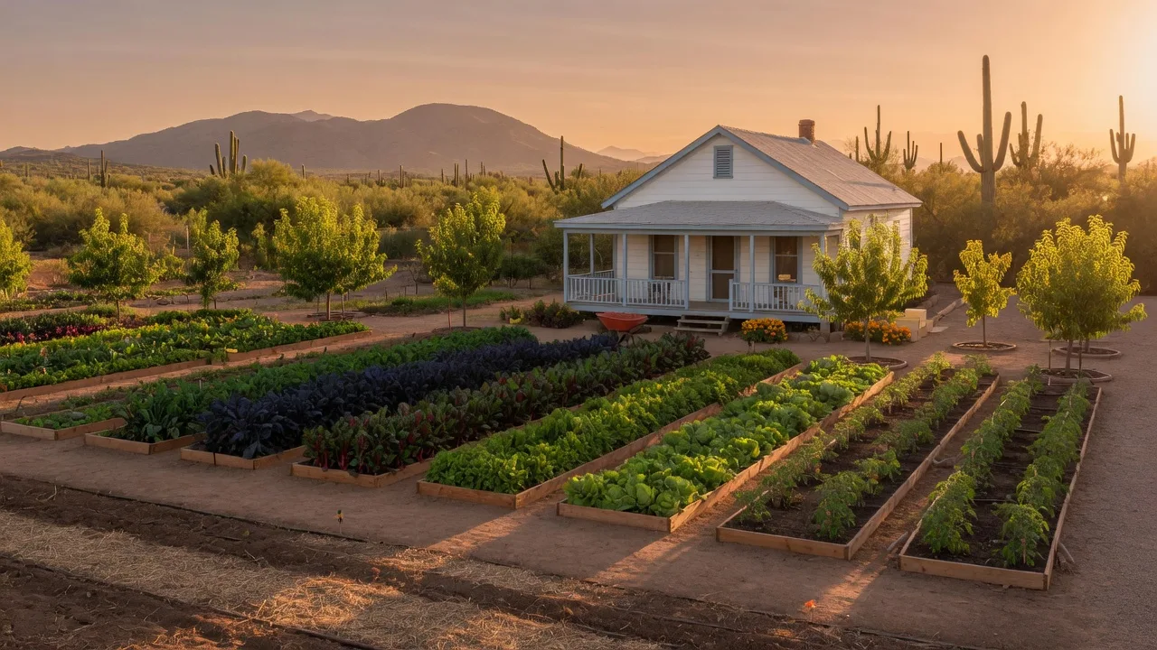 Lush urban farm with vegetable rows and a restored farmhouse in Agritopia, Gilbert at golden hour