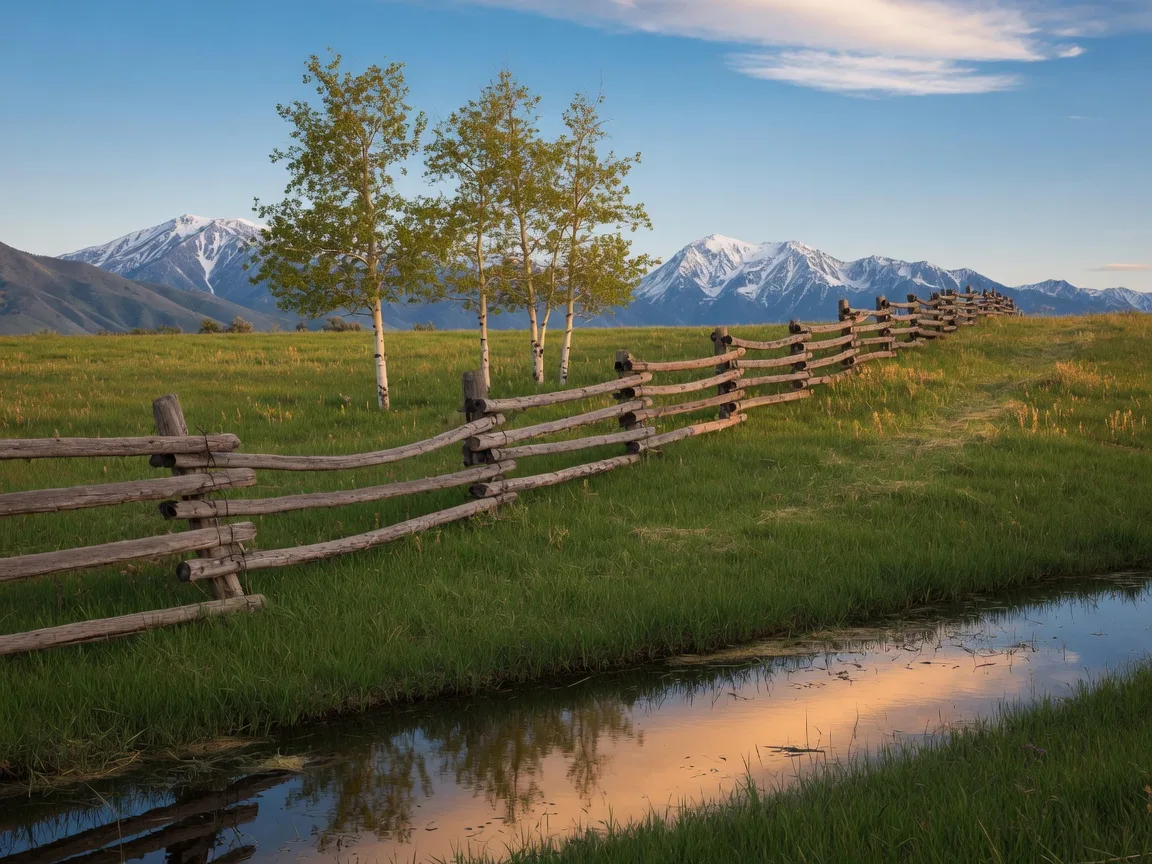 A weathered ranch fence running across a hay meadow toward snow-capped Wasatch peaks, with an irrigation ditch in the foreground