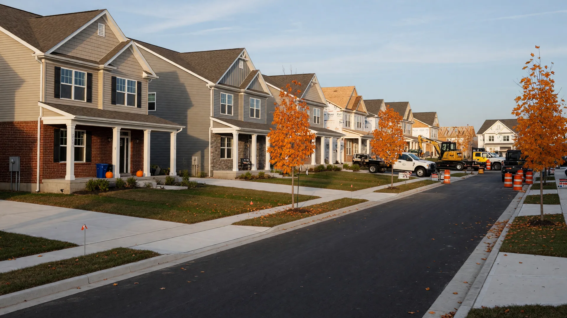 A brand-new suburban housing development in Warren County, Ohio on a crisp late-October afternoon, freshly built two-story craftsman and colonial homes with brick and vinyl siding, young maples turning orange and gold along the curb, and warm low-angle sunlight across the facades