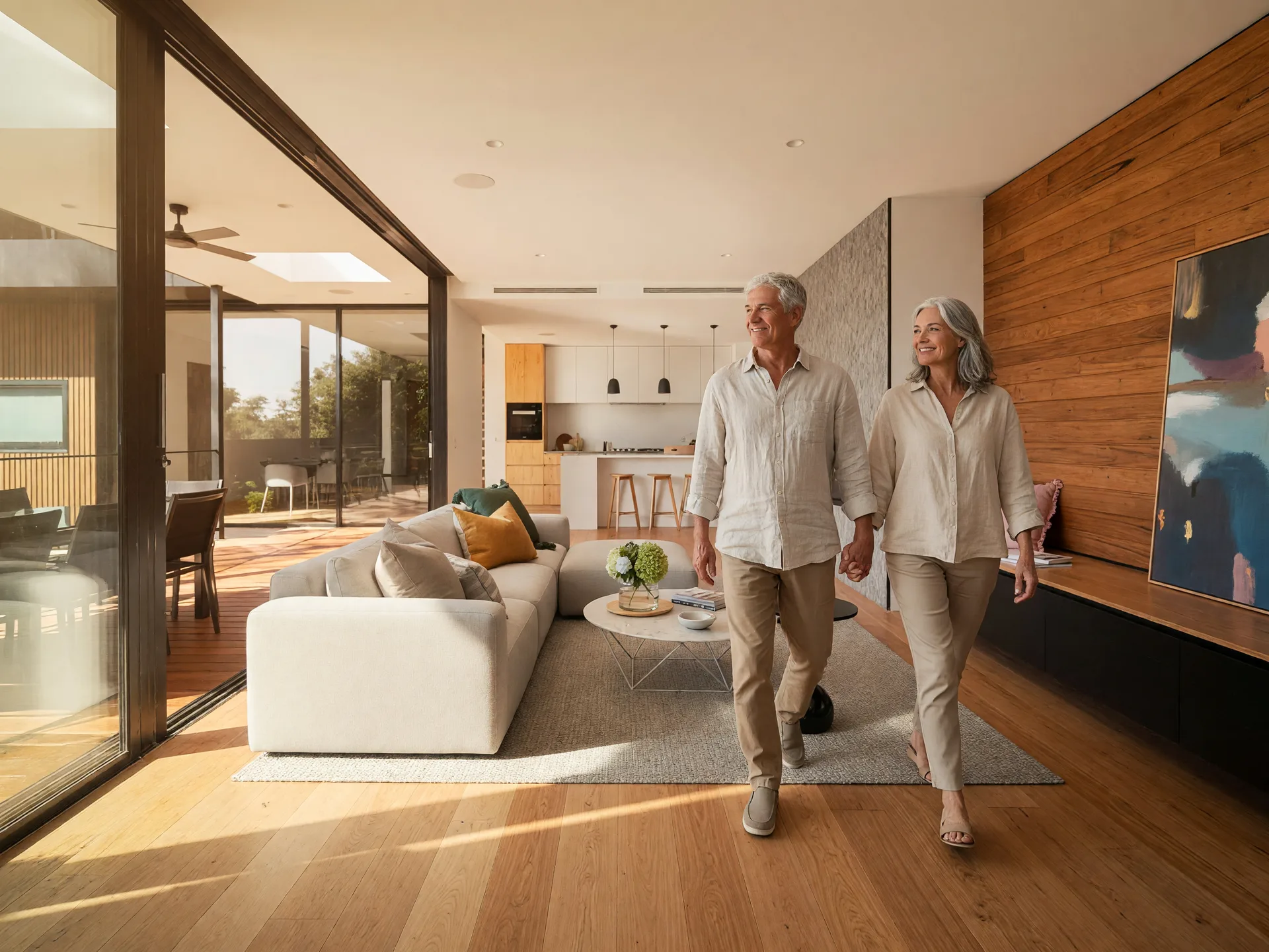 A couple walking through a bright, uncluttered home with natural light