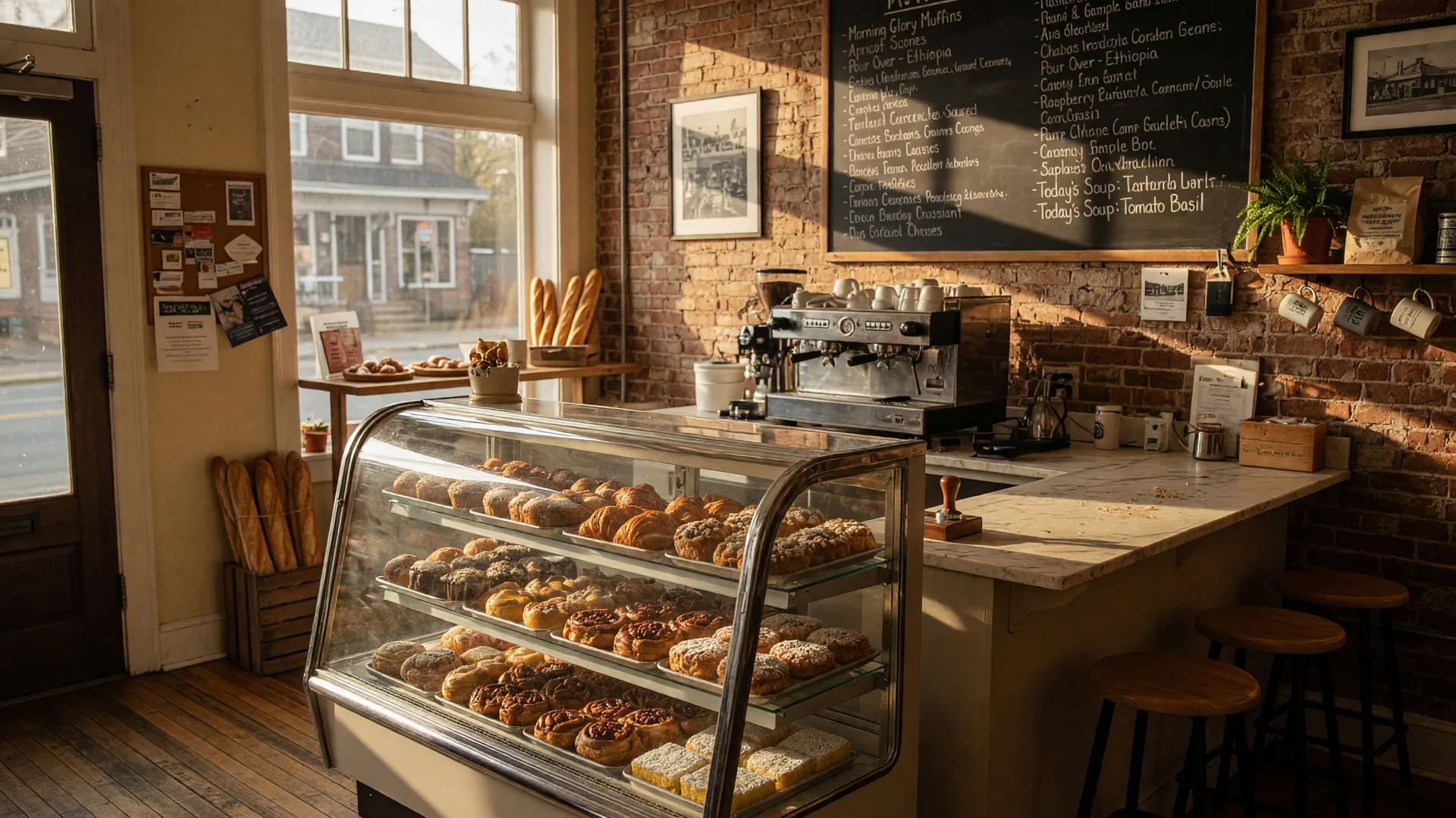 Warm locally owned café and bakery interior with a pastry display case and espresso machine in golden afternoon light