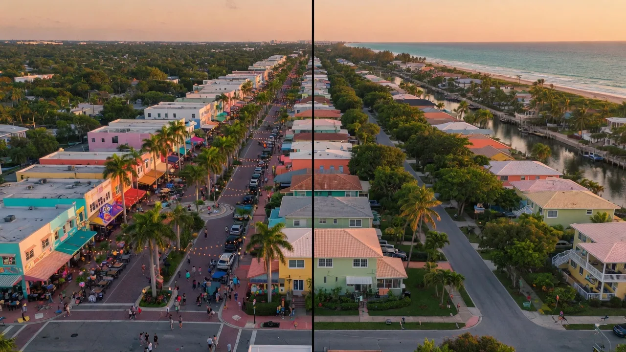 Split scene comparing downtown Delray Beach's Atlantic Avenue with the residential streets of East Delray Beach