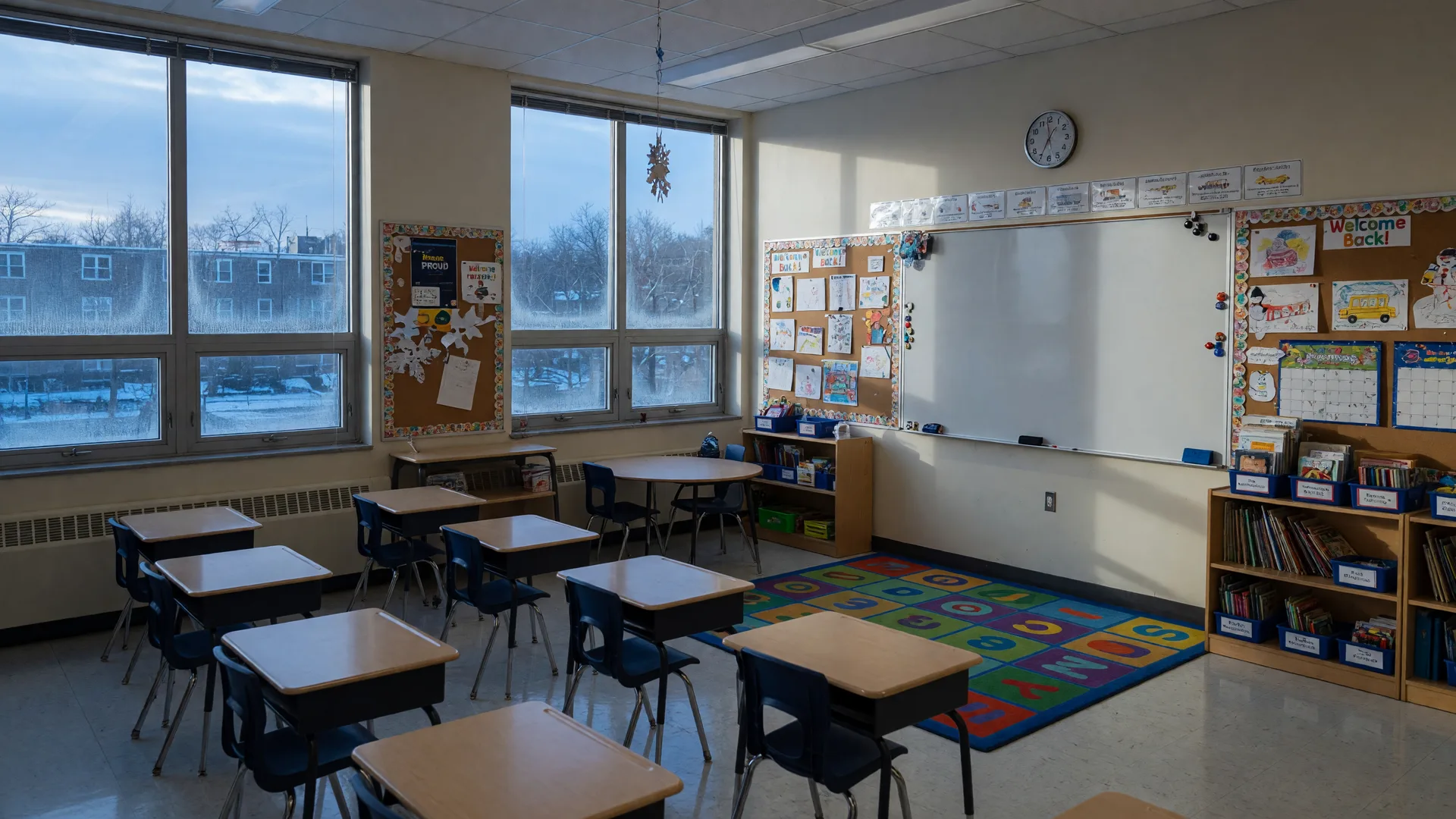 A bright, modern school classroom in a New Jersey public school with rows of empty desks and chairs, a whiteboard, bulletin boards, and a wall clock