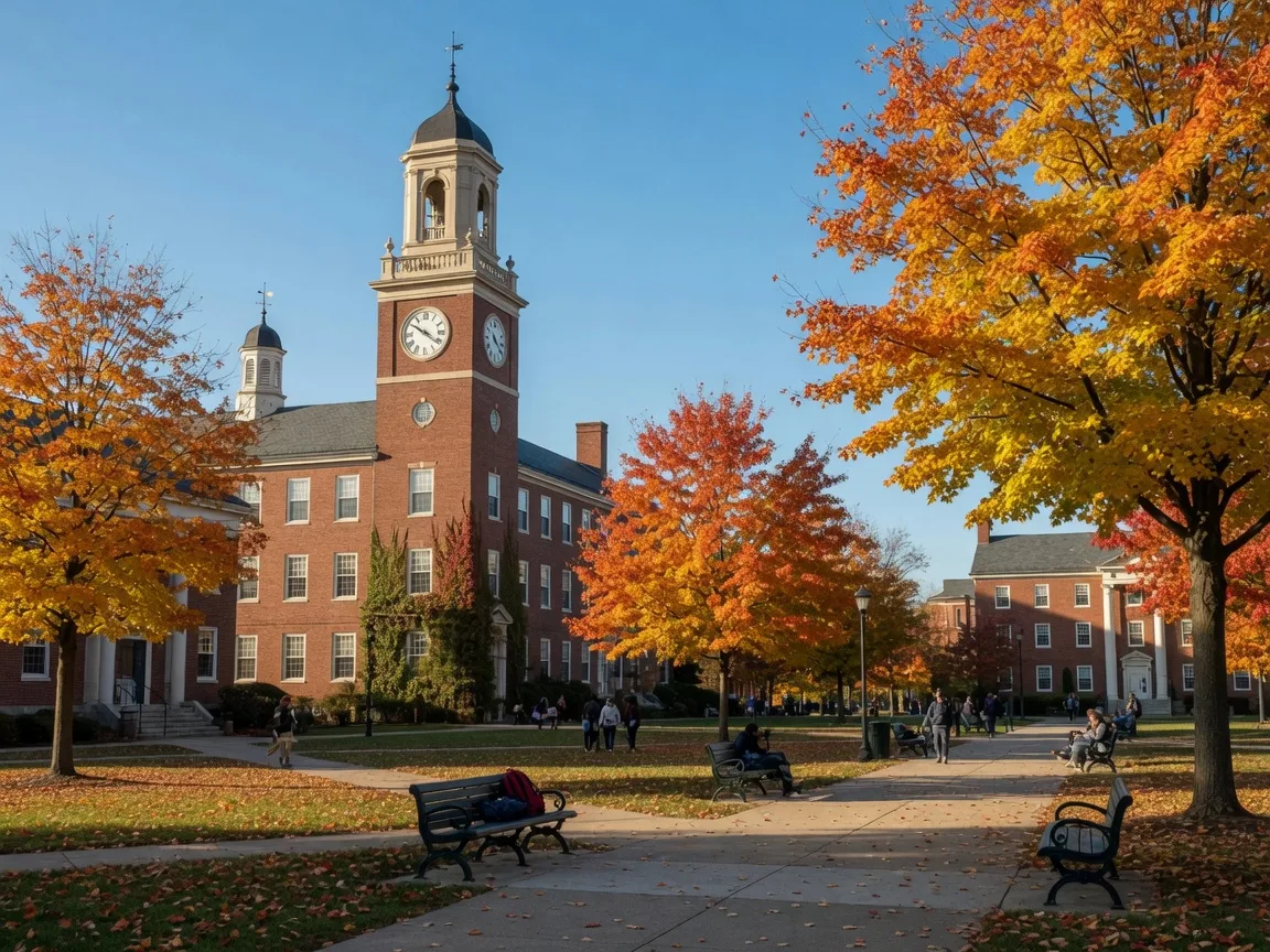 Red brick academic buildings and a tree-lined quad at the University of New Haven campus in West Haven, Connecticut, in golden autumn foliage under a clear blue sky