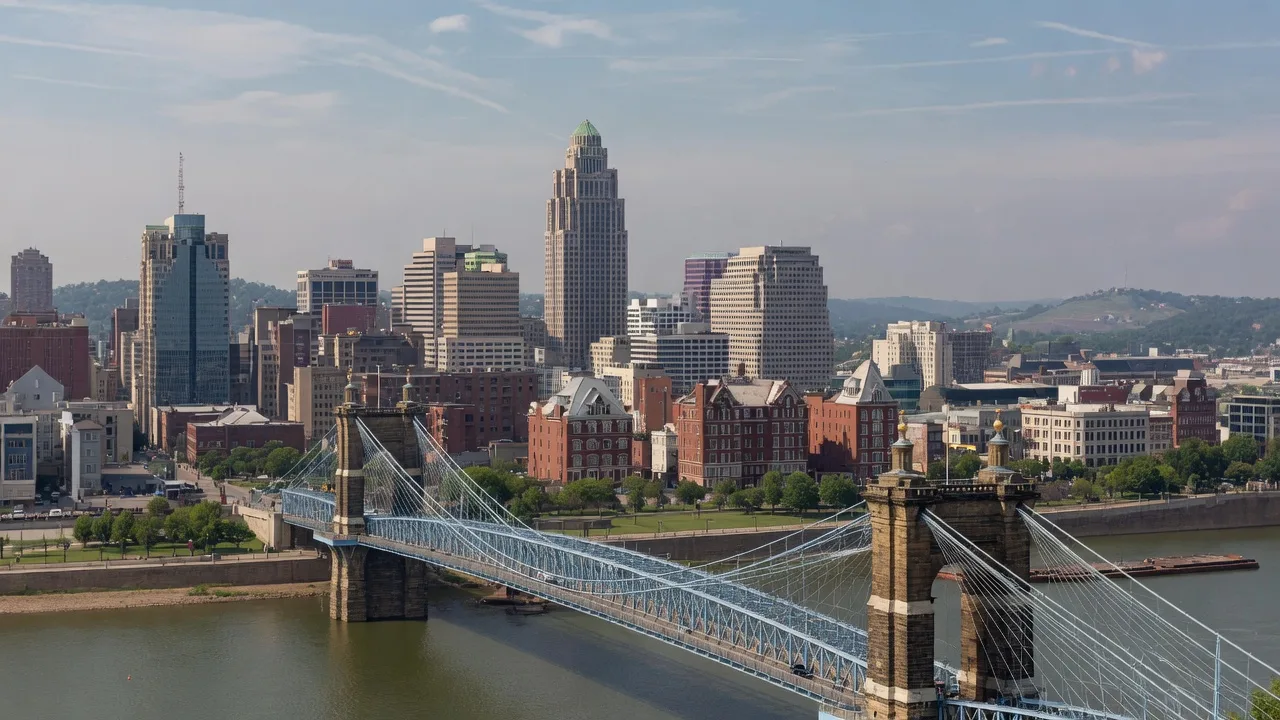 Cincinnati Ohio skyline from the Kentucky side with the iconic Roebling Suspension Bridge spanning the Ohio River