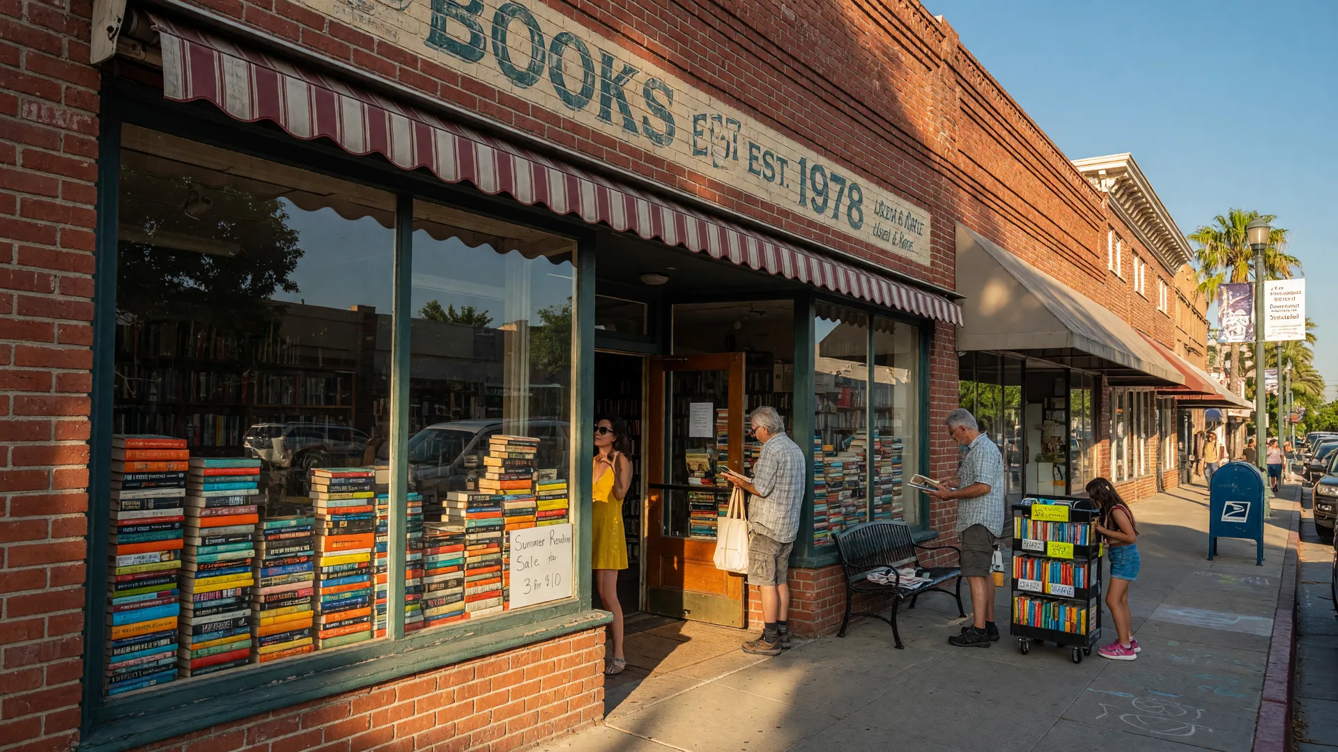 Second Time Around Used Books bookstore storefront at 524 West Main Street in downtown Merced with large display windows filled with books