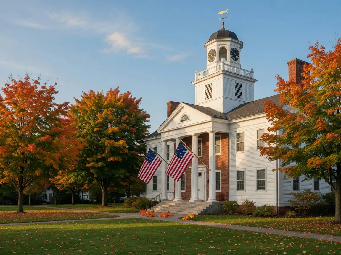 White New England town hall with a cupola on a village green with early fall maples