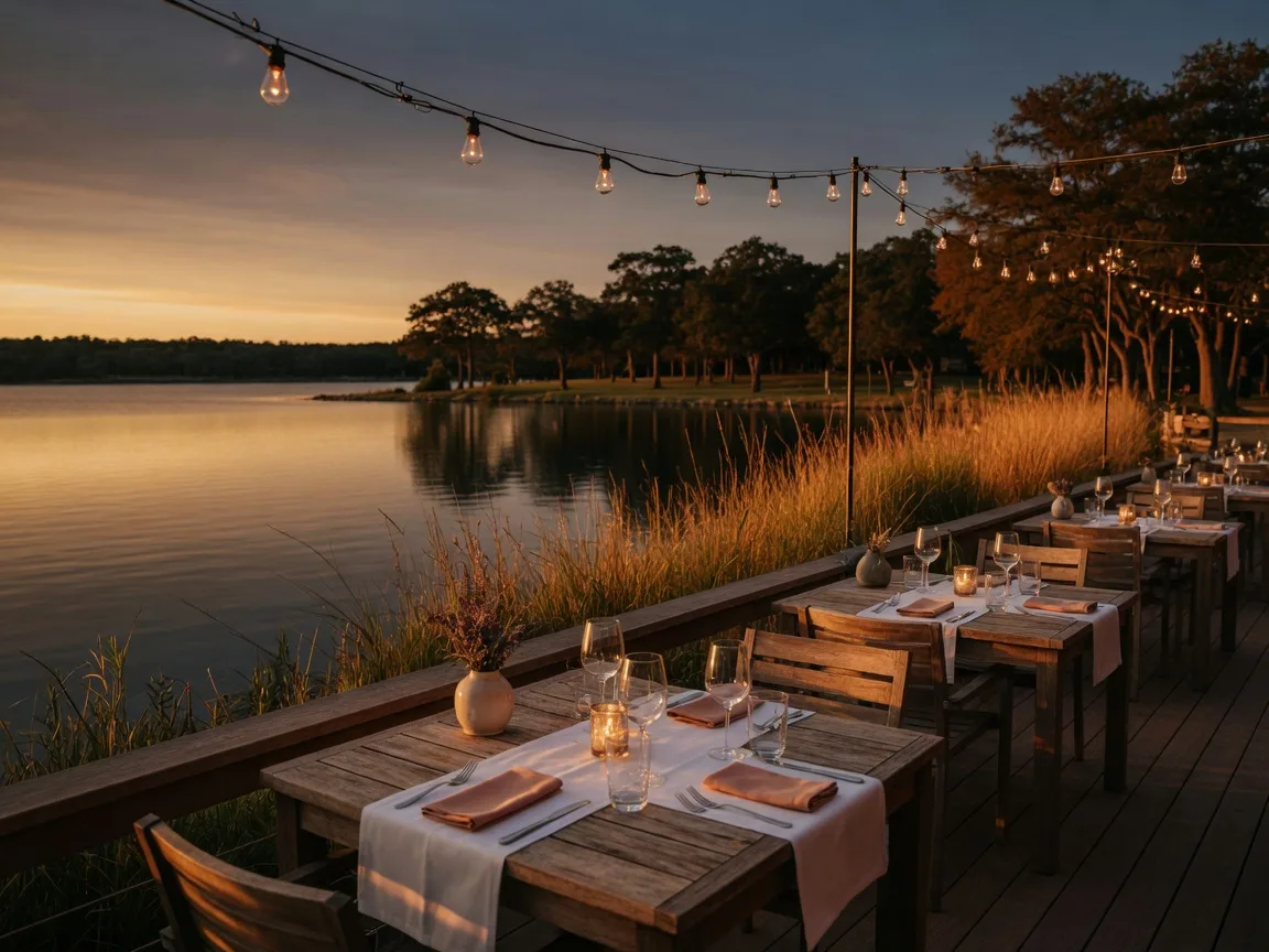 A lakeside restaurant patio at golden hour with dinner tables set and calm water beyond