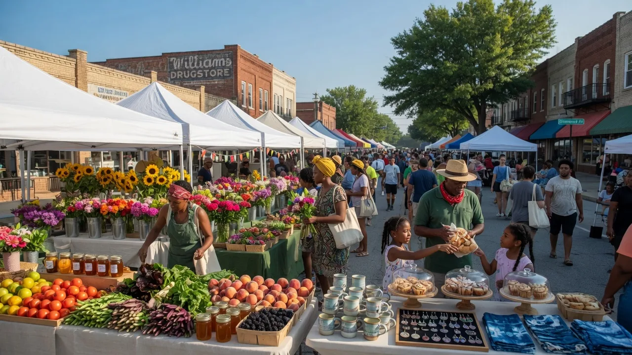 The Greenwood Farmers and Artisans Market in Tulsa's Greenwood District with white vendor tents, fresh produce, handmade crafts, and shoppers on a sunny morning