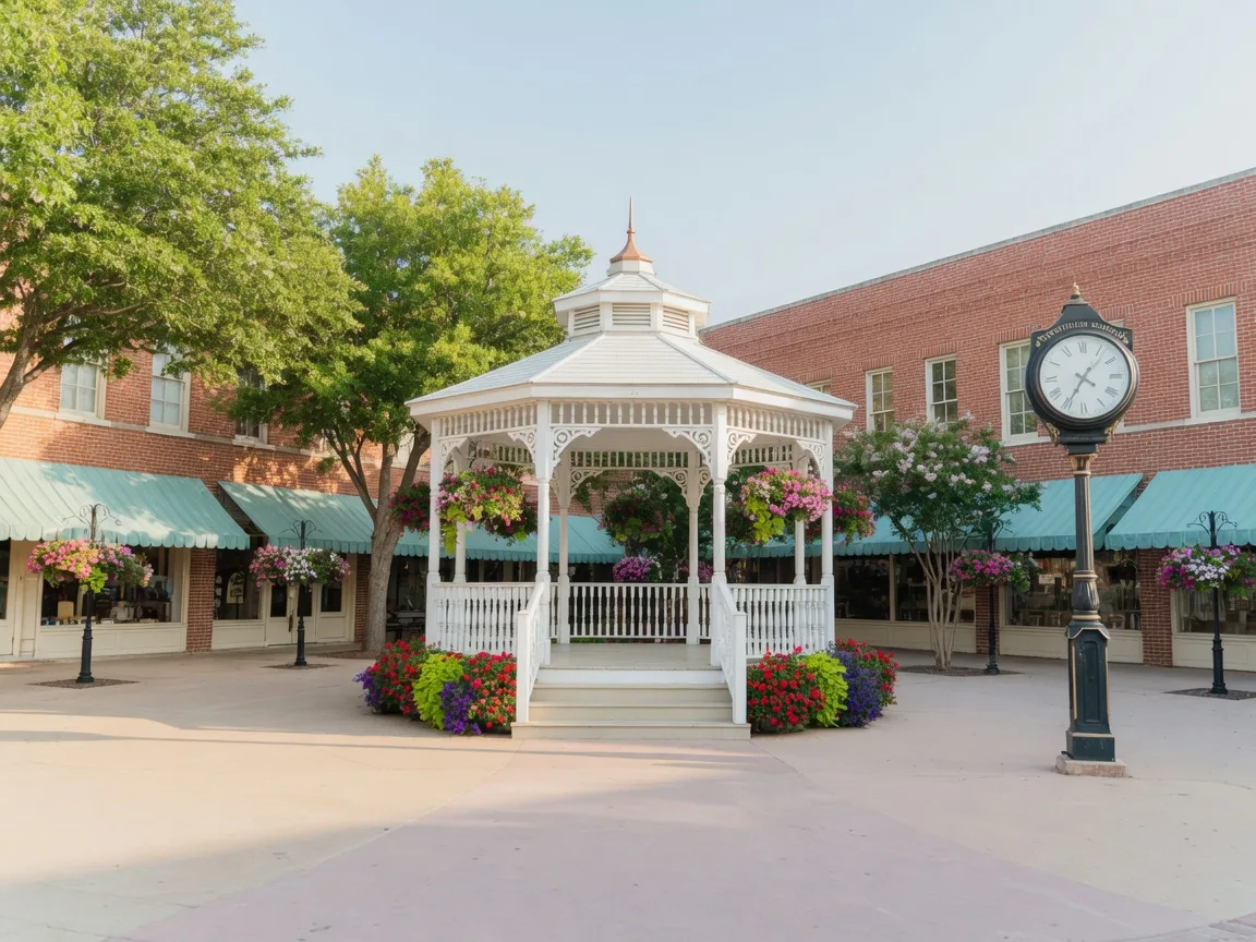 Charming town square with a white gazebo and brick storefronts in Gainesville