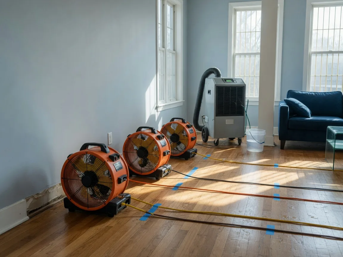 Professional air movers and a commercial dehumidifier drying a modern living room