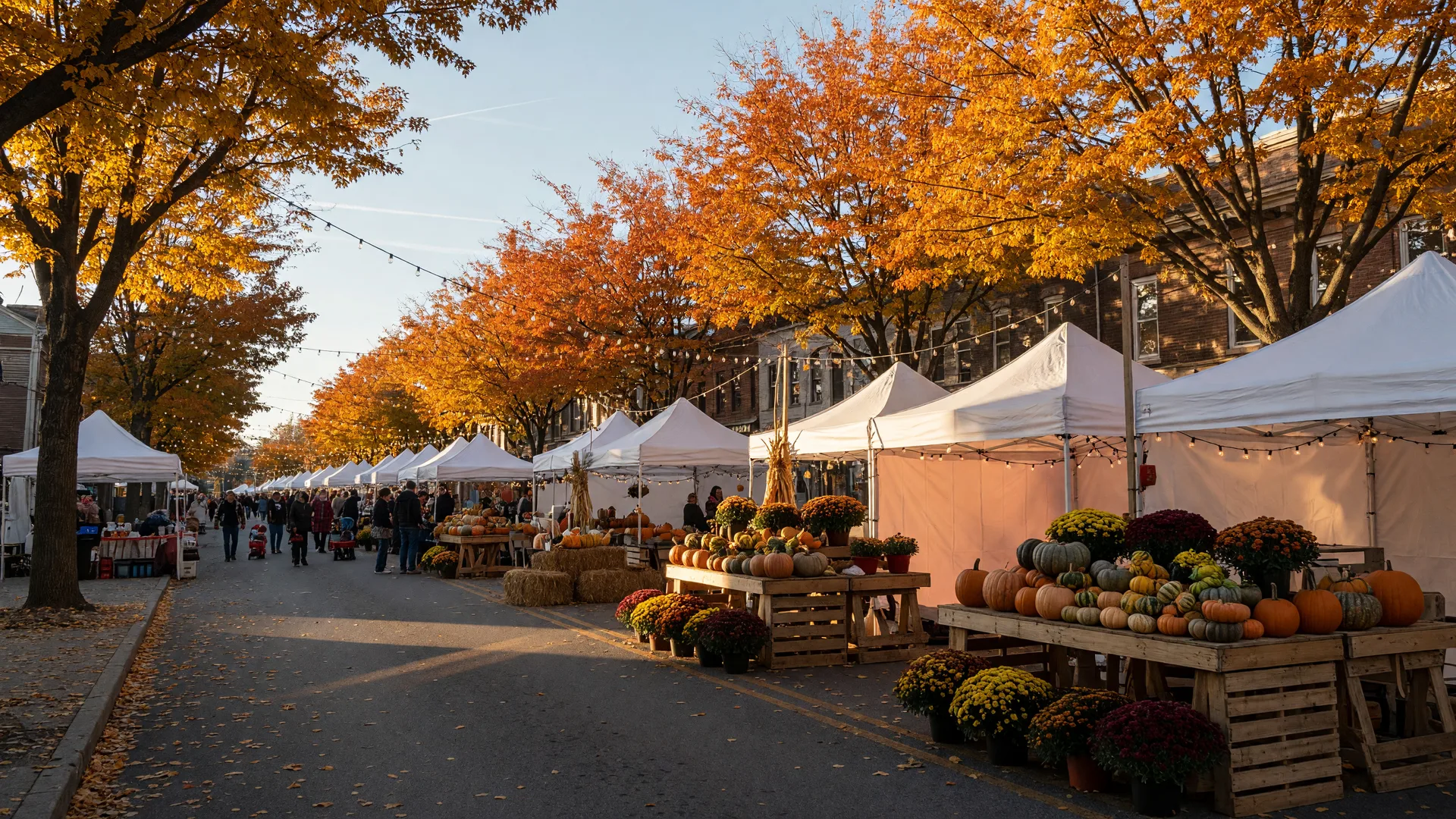 Autumn community festival on a Pennsylvania downtown main street with white vendor tents, string lights, pumpkins, and mums under late-afternoon golden light