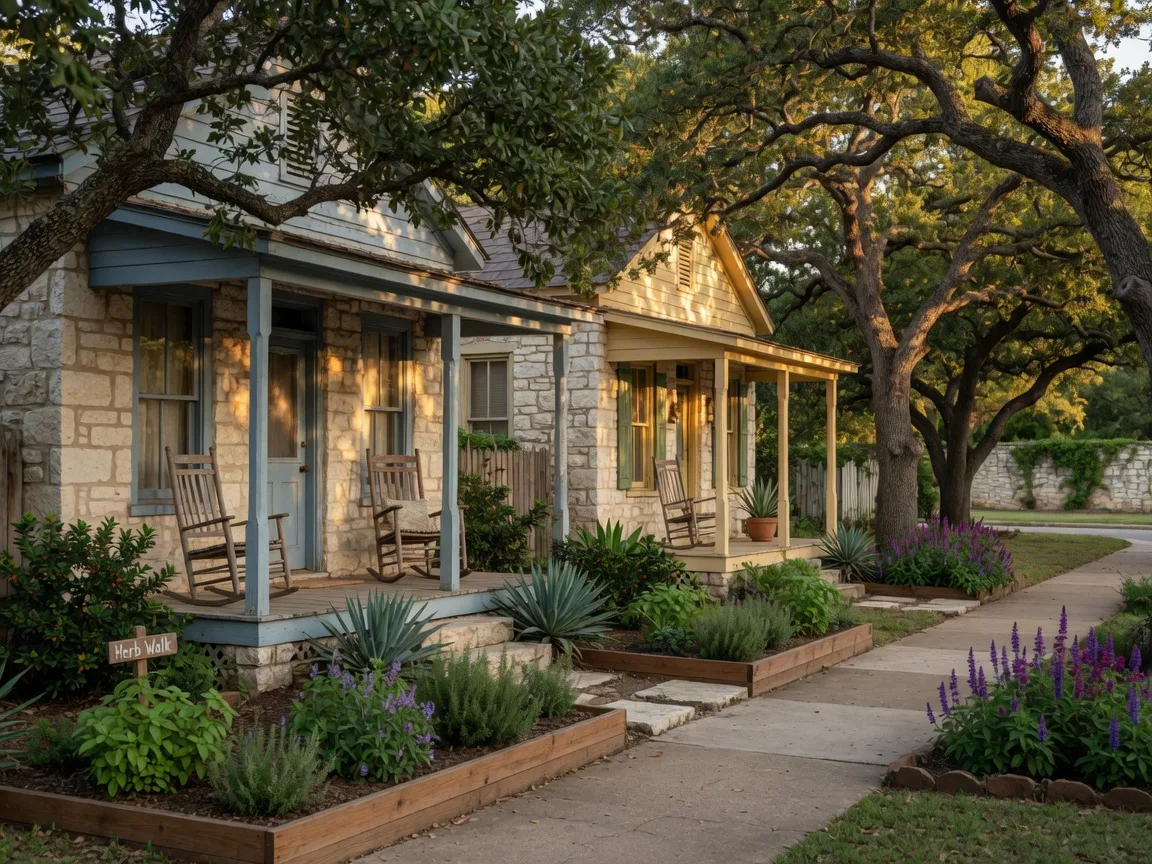Historic limestone and frame cottages on a quiet oak-lined street near Cibolo Creek in Boerne
