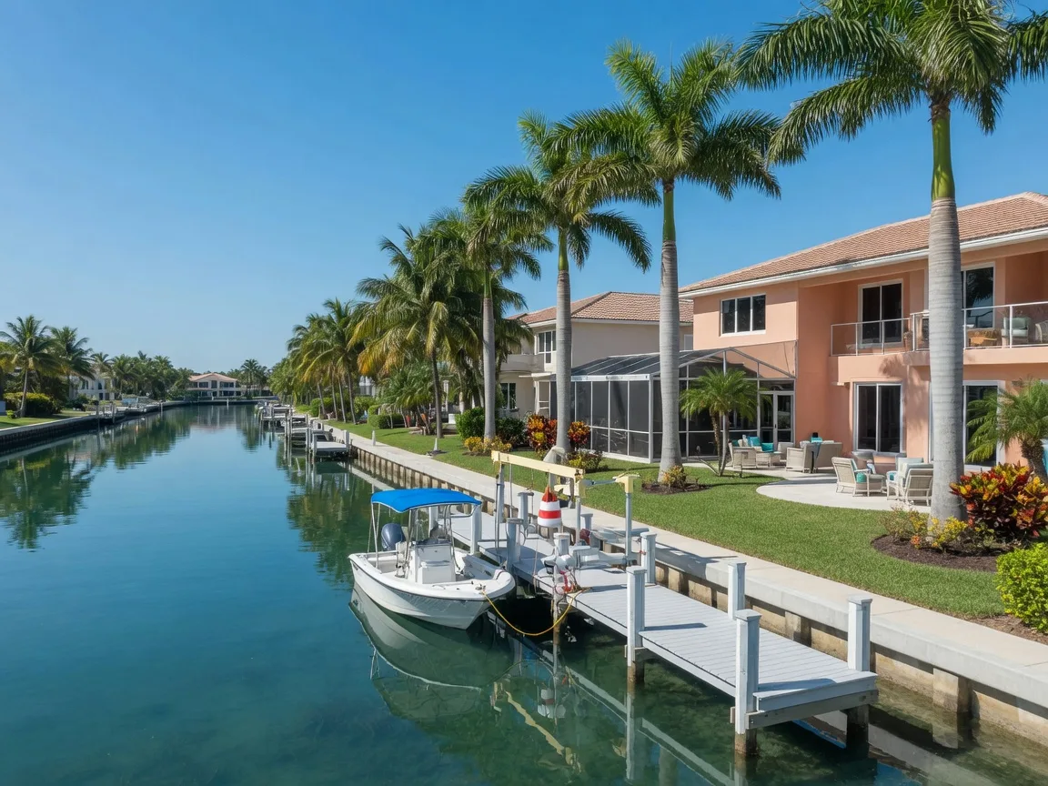 A South Florida waterfront home with a private dock and boat lift on a calm canal