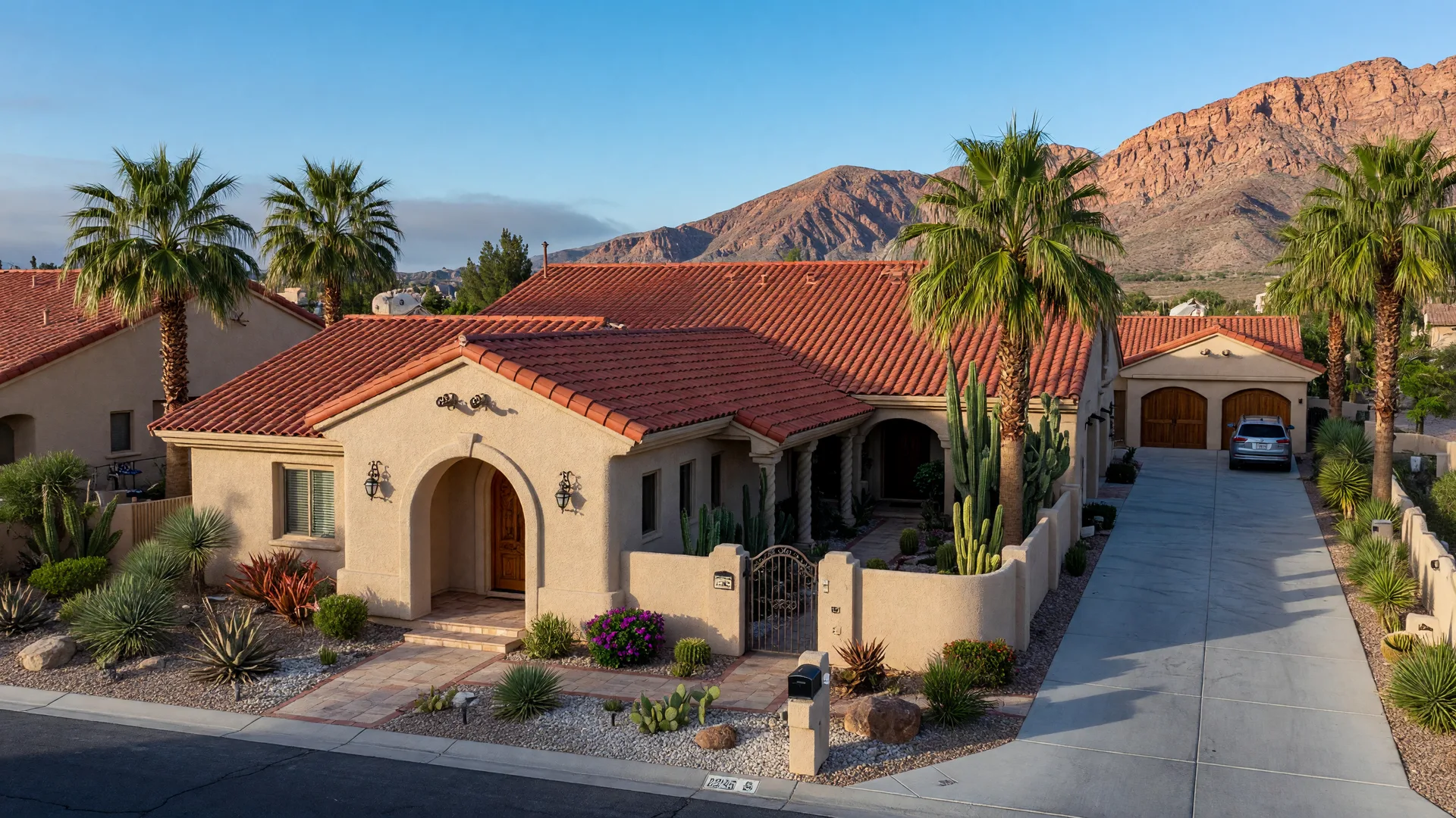 Single-story Spanish-colonial style home with a red tile roof and landscaped courtyard in a sunny desert Las Vegas neighborhood