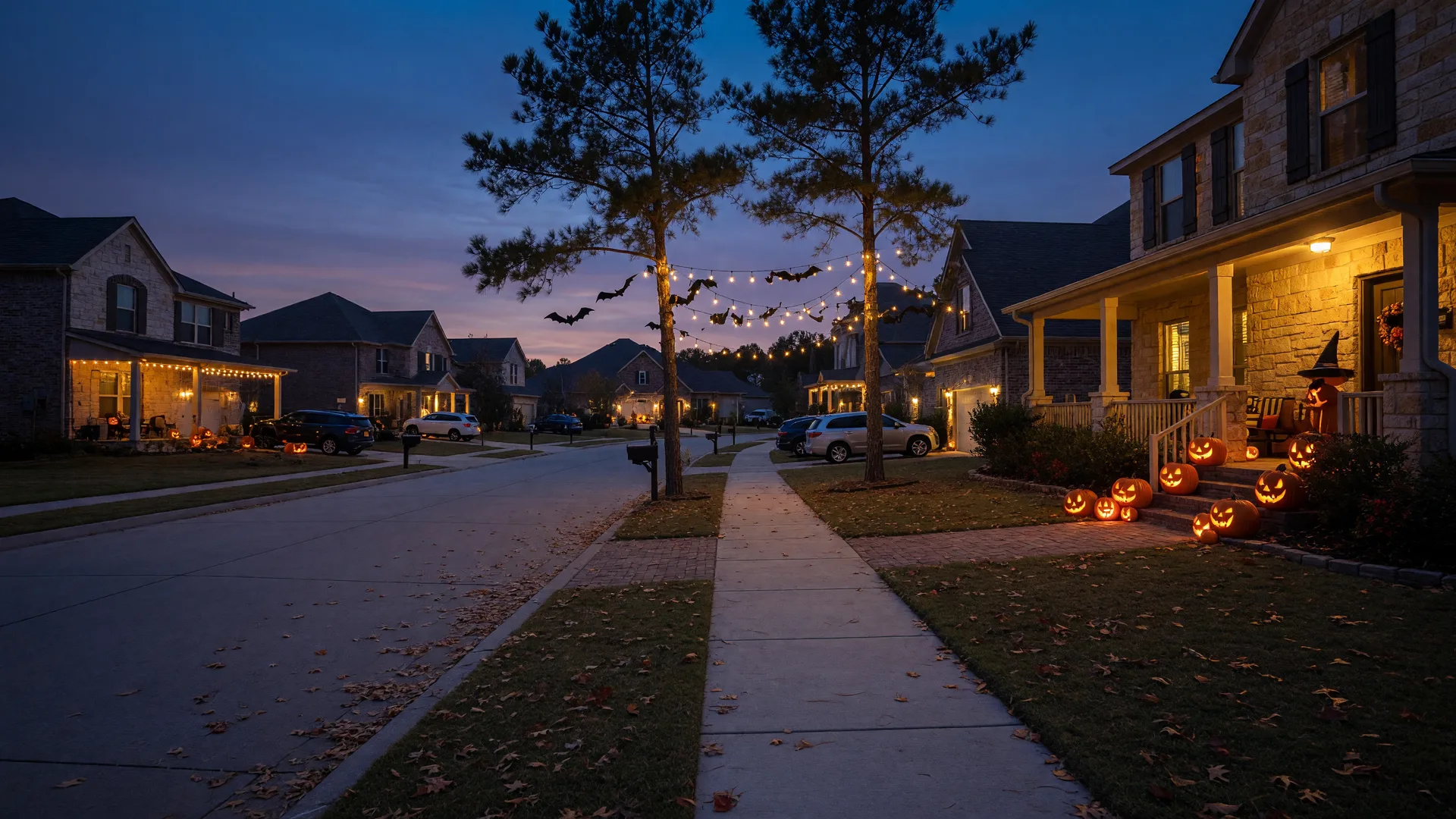 A quiet cul-de-sac street in a Texas master-planned community at dusk in late October, carved pumpkins glowing on porches and warm string lights between pine trees