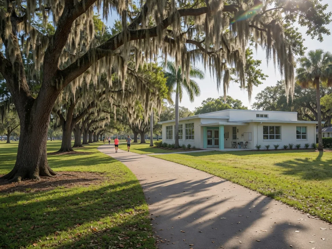 A historic community park in Delray Beach with live oak trees, a renovated community center and wide walking paths