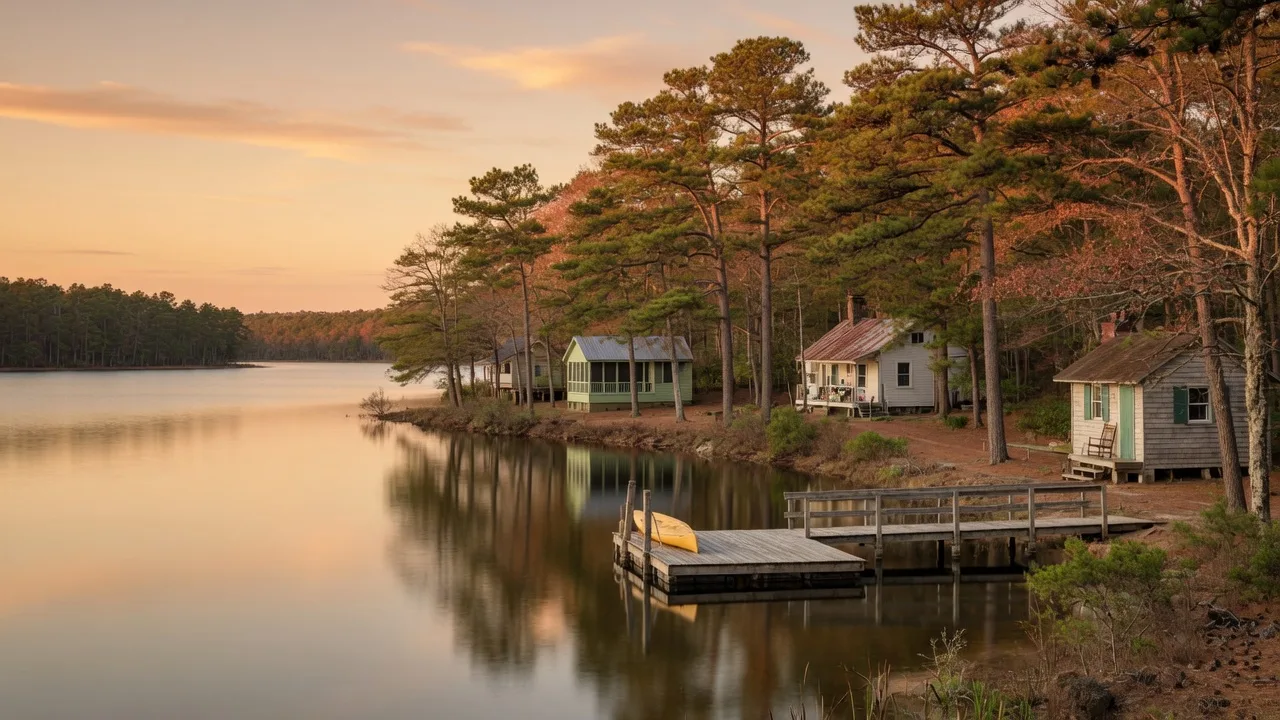 Peaceful lake scene in Browns Mills NJ with pine trees, small cabins, and a wooden dock at golden hour