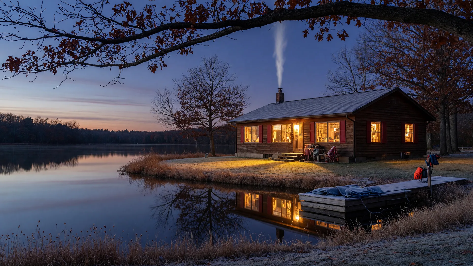 Warmly lit Minnesota lake cabin at dusk in late fall with chimney smoke and a glass-still lake