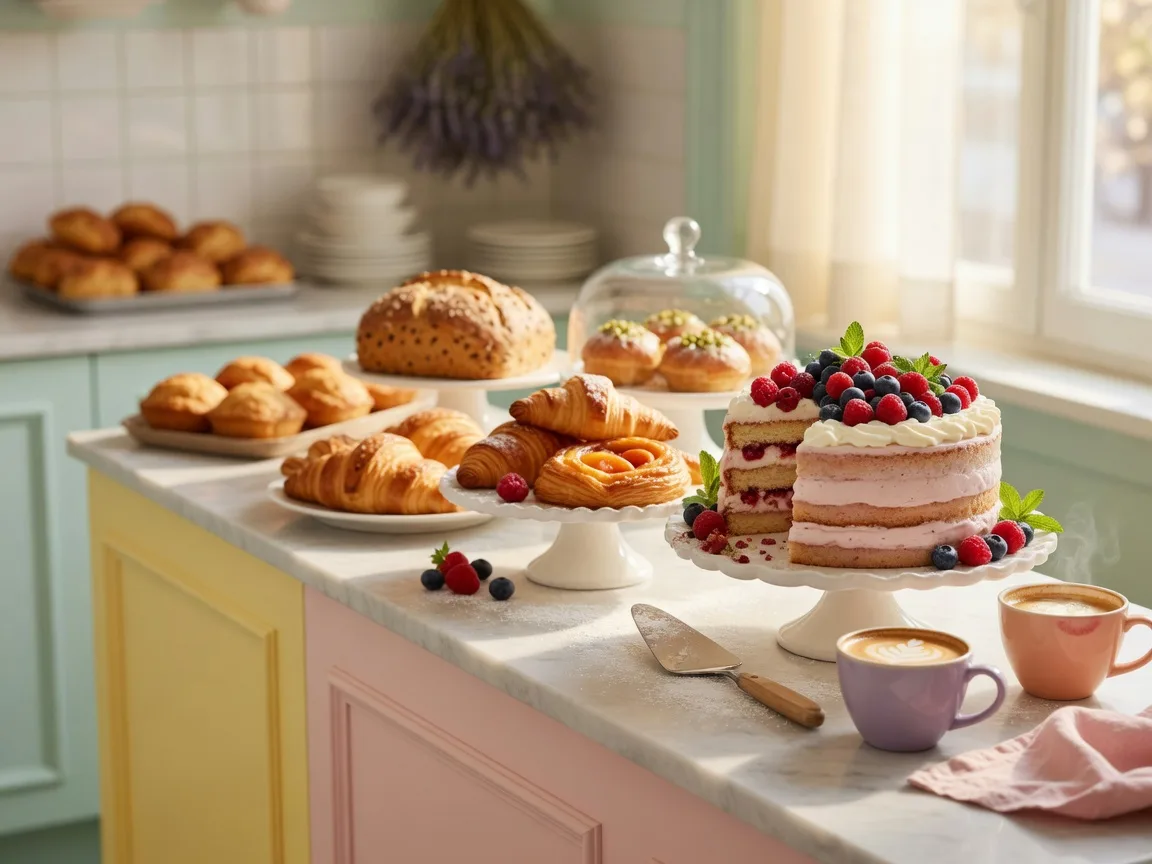 A bright artisan bakery counter with golden pastries, layered cream cakes, and artisan coffee cups in soft window light, representing Biscuits To Baskets in Ajax