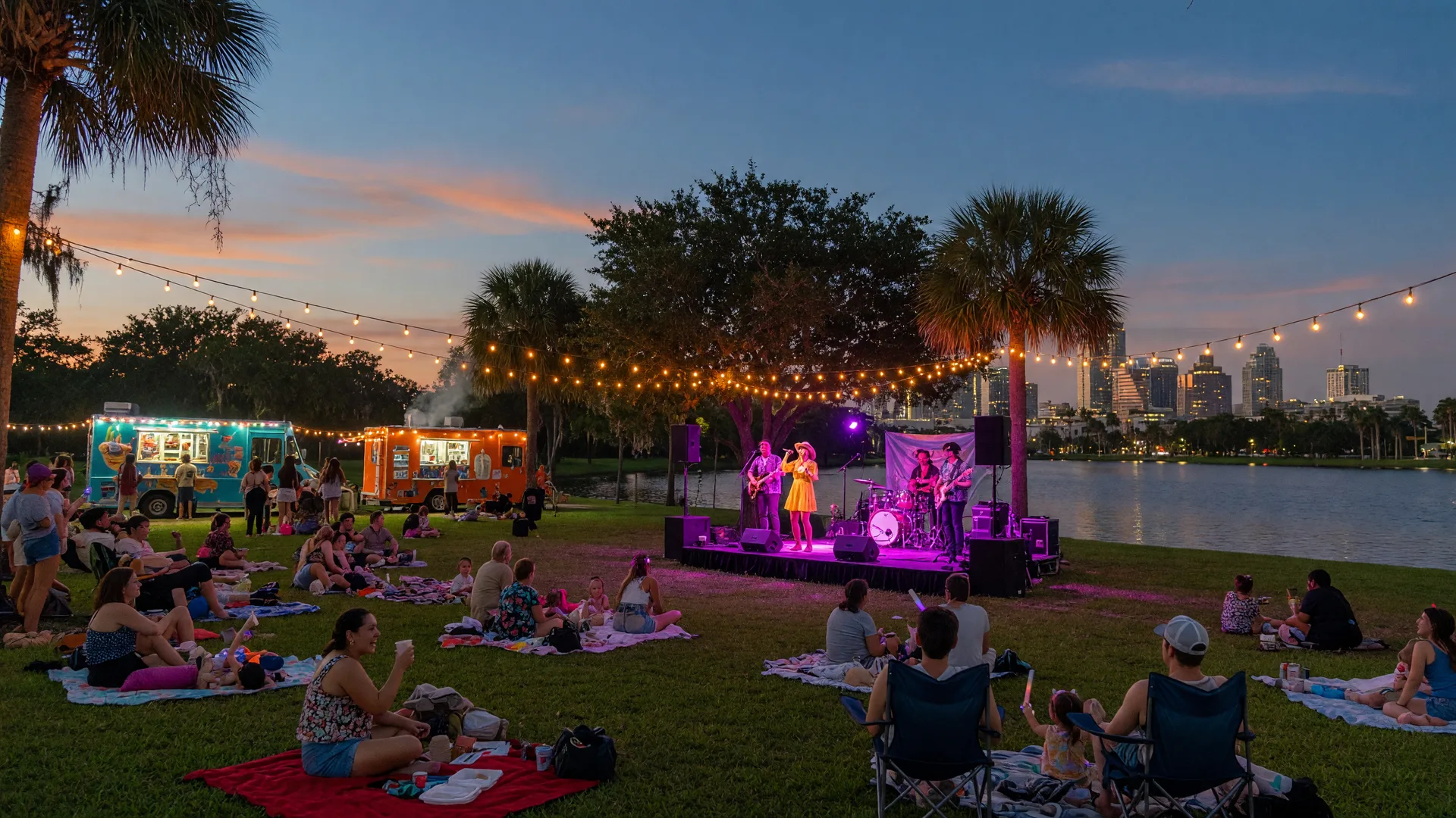A free lakeside music festival in a Florida city at dusk, string lights glowing over a crowd on picnic blankets and a small band stage on the lawn