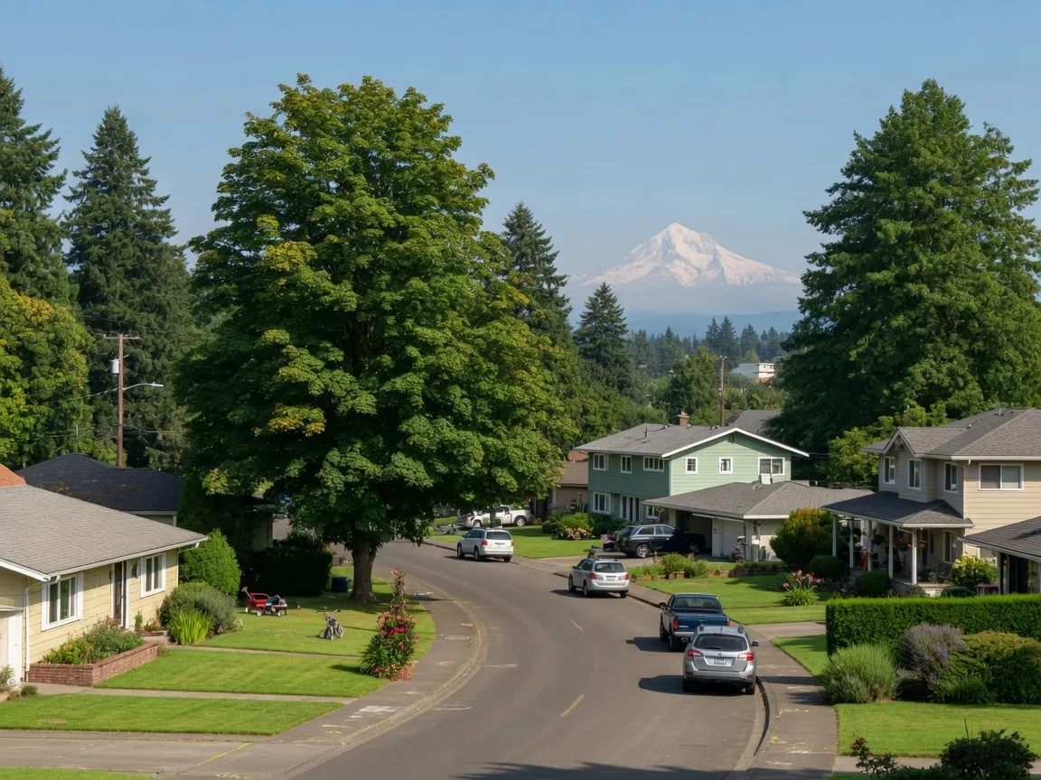A leafy Troutdale residential street with mature maples and well-kept family homes in warm afternoon light