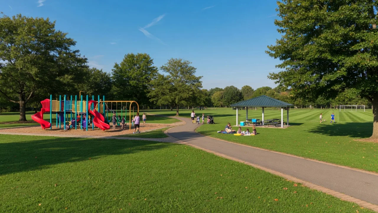 A sunny community park in Springboro Ohio with a wide green lawn, a colorful playground, a curving walking trail past mature trees and soccer fields under a clear blue sky