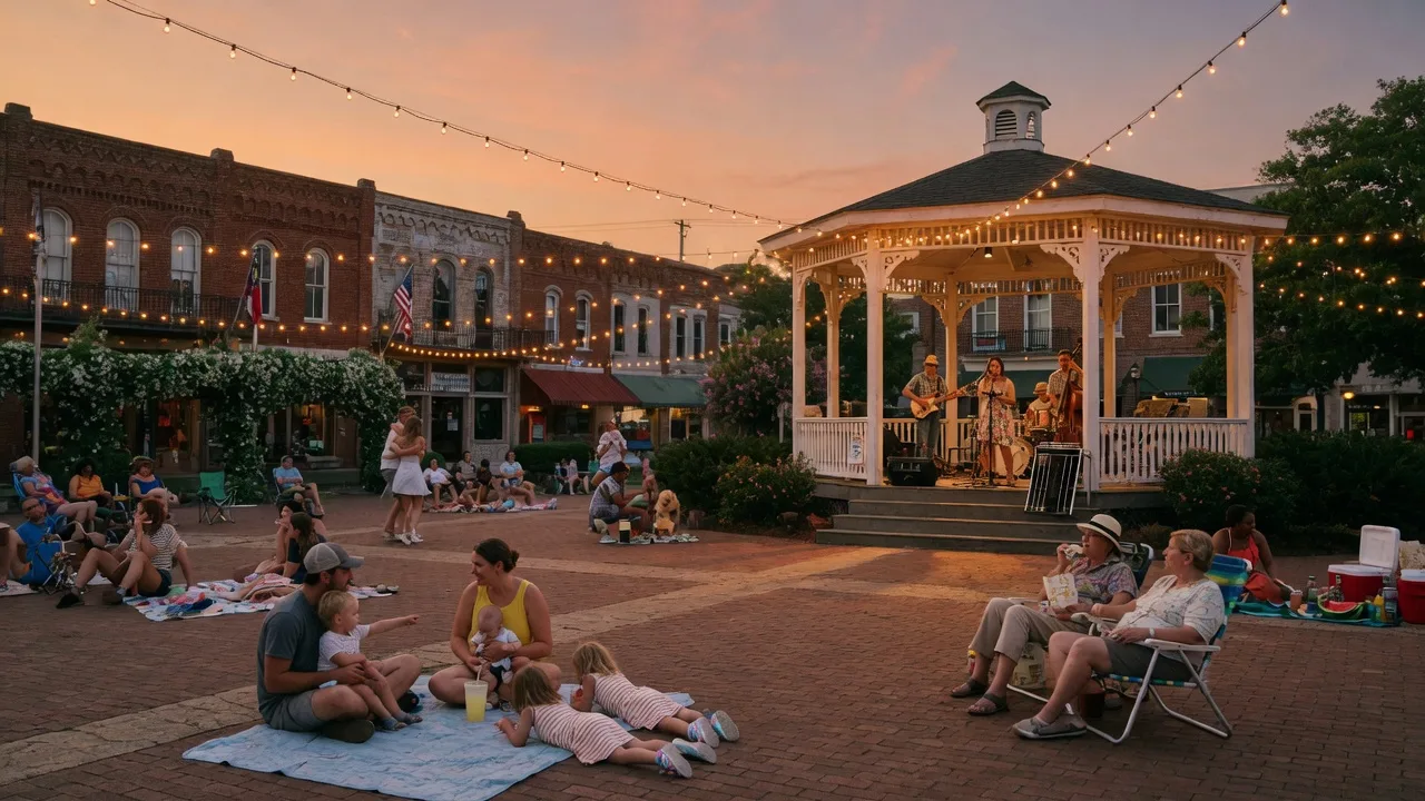 Summer evening outdoor concert in a historic Georgia town square with string lights and families on blankets