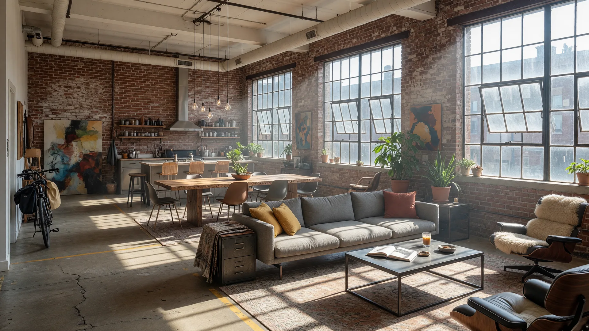 Artist loft interior with exposed brick and large windows in Fishtown Philadelphia