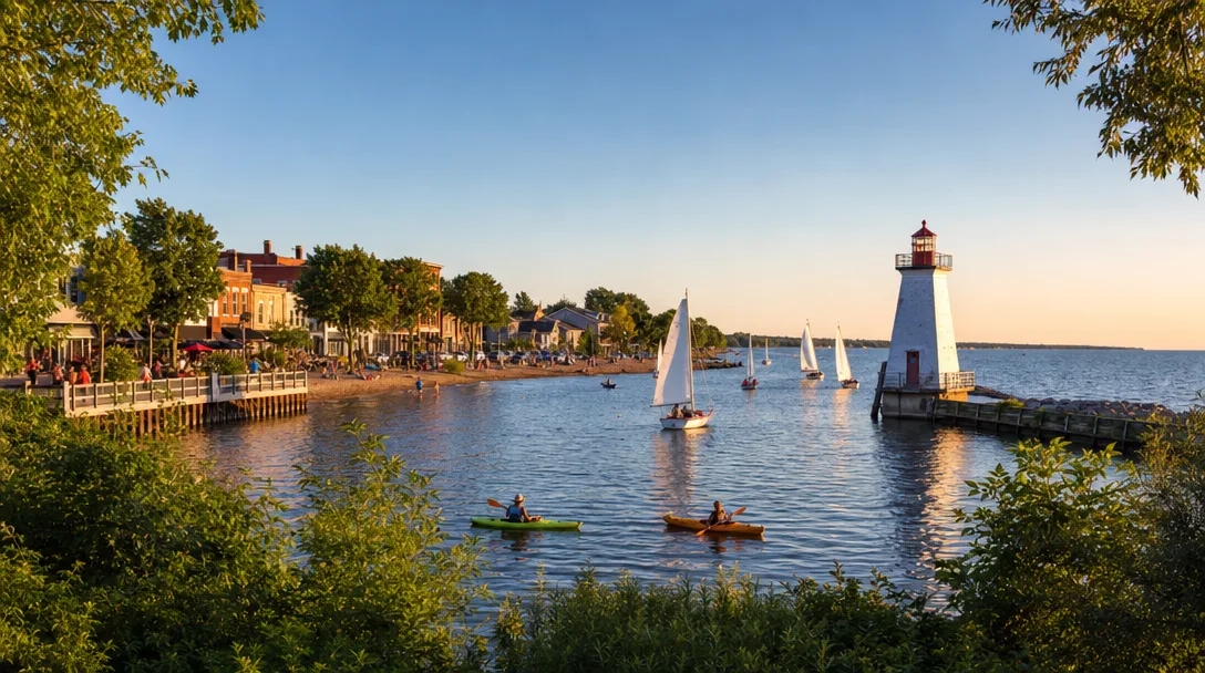 Vermilion River meeting Lake Erie with the historic Vermilion Lighthouse, Main Street Beach, and colorful sailboats, Vermilion Ohio